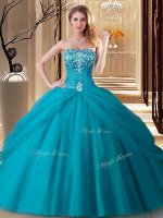 Admirable Teal Lace Up Sweetheart Embroidery Sweet 16 Quinceanera Dress Tulle Sleeveless