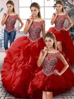 Decent Red Zipper Quinceanera Gowns Beading and Ruffles Sleeveless Floor Length