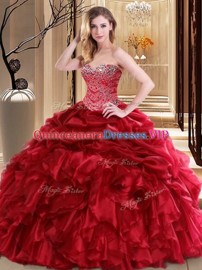 Red Organza Lace Up 15 Quinceanera Dress Sleeveless Floor Length Beading and Pick Ups - Click Image to Close