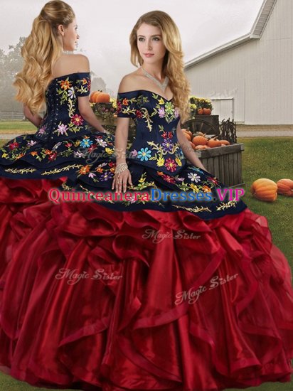 Floor Length Lace Up Sweet 16 Dress Red And Black for Military Ball and Sweet 16 and Quinceanera with Embroidery and Ruffles - Click Image to Close