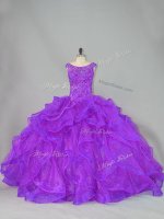 Purple Organza Lace Up Quinceanera Dresses Sleeveless Brush Train Beading and Ruffles