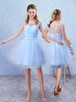 Top Selling Blue Sleeveless Ruching and Belt Knee Length Quinceanera Court of Honor Dress