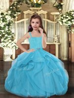 Custom Design Blue Tulle Lace Up Straps Sleeveless Floor Length Little Girls Pageant Gowns Ruffles