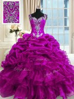Cute Beading and Ruffles and Pick Ups 15th Birthday Dress Fuchsia Lace Up Sleeveless Floor Length