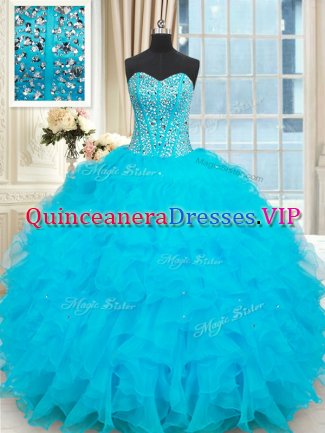 Baby Blue Ball Gowns Sweetheart Sleeveless Organza Floor Length Lace Up Beading and Ruffles Sweet 16 Dresses
