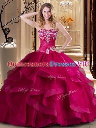 Stunning Floor Length Lace Up Sweet 16 Quinceanera Dress Coral Red for Military Ball and Sweet 16 and Quinceanera with Embroidery and Ruffles