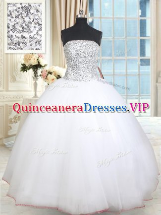 Sequins Ball Gowns Quince Ball Gowns White Strapless Tulle Sleeveless Floor Length Lace Up