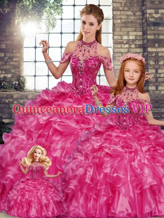 Excellent Organza Halter Top Sleeveless Lace Up Beading and Ruffles Vestidos de Quinceanera in Fuchsia