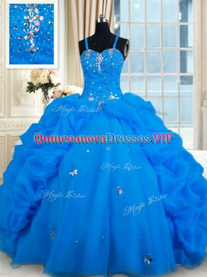 Customized Blue Sleeveless Floor Length Beading and Pick Ups Lace Up Quinceanera Gowns - Click Image to Close