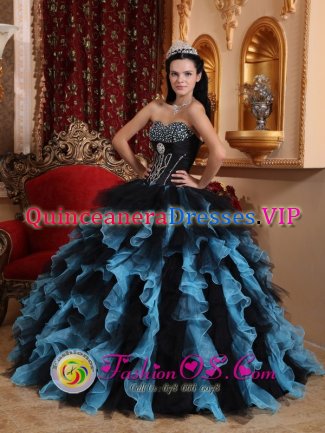 Black and Sky Blue Exclusive For Greater Santo Domingo Dominican Republic Quinceanera Dress Sweetheart Organza Beading Stylish Ball Gown