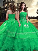 Green Zipper Ball Gown Prom Dress Embroidery and Ruffled Layers Sleeveless Floor Length