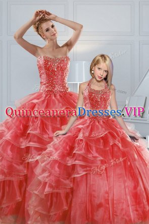 Coral Red Ball Gowns Organza Sweetheart Sleeveless Beading and Ruffled Layers Floor Length Lace Up Sweet 16 Dresses