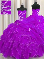 Sleeveless Organza Floor Length Lace Up Sweet 16 Quinceanera Dress in Purple with Beading and Appliques and Ruffles