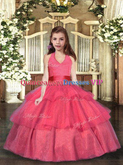 Sleeveless Organza Floor Length Lace Up Winning Pageant Gowns in Coral Red with Ruffled Layers - Click Image to Close