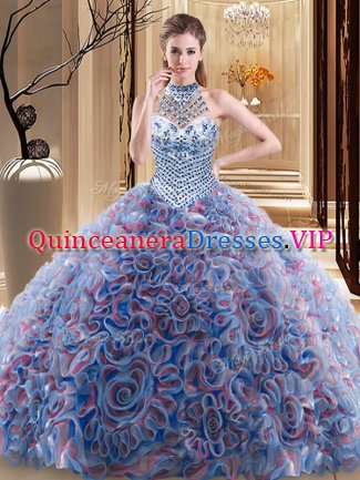Free and Easy Halter Top Sleeveless Fabric With Rolling Flowers Ball Gown Prom Dress Beading Brush Train Lace Up