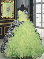Vintage Yellow Green Sleeveless Organza and Printed Brush Train Lace Up Sweet 16 Quinceanera Dress for Military Ball and Sweet 16 and Quinceanera