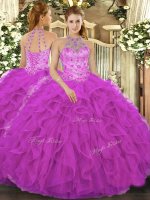Stunning Floor Length Lace Up Quinceanera Gowns Fuchsia for Military Ball and Sweet 16 and Quinceanera with Beading and Embroidery and Ruffles
