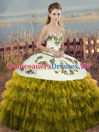 Inexpensive Embroidery and Ruffled Layers and Bowknot 15th Birthday Dress Olive Green Lace Up Sleeveless Floor Length