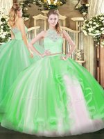 Green 15 Quinceanera Dress Military Ball and Sweet 16 and Quinceanera with Lace and Ruffles Scoop Sleeveless Zipper