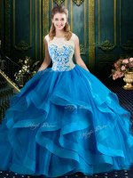 Super Brush Train Ball Gowns Ball Gown Prom Dress Blue Scoop Tulle Sleeveless With Train Zipper