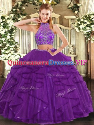 Purple Sleeveless Floor Length Beading and Ruffled Layers Criss Cross Sweet 16 Quinceanera Dress