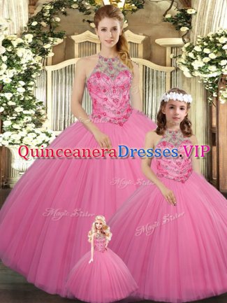 Rose Pink Sleeveless Beading Floor Length Quinceanera Dress