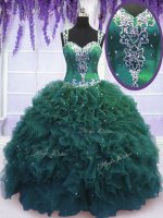 Customized Dark Green Sweet 16 Dress Military Ball and Sweet 16 and Quinceanera with Beading and Ruffles Straps Sleeveless Zipper(SKU PSSW094-2BIZ)
