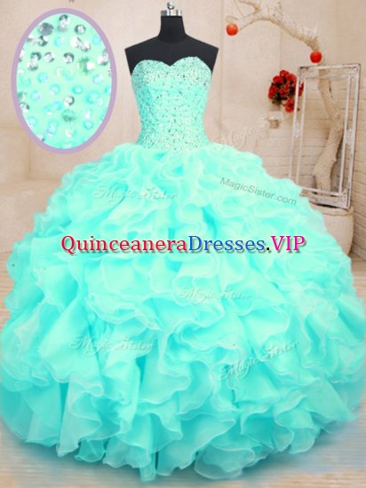 Colorful Aqua Blue Ball Gowns Sweetheart Sleeveless Organza Floor Length Lace Up Beading and Ruffles Vestidos de Quinceanera - Click Image to Close