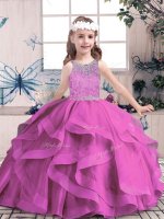 Lilac Sleeveless Floor Length Beading Lace Up Pageant Gowns For Girls
