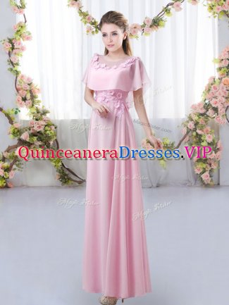 Low Price Rose Pink Chiffon Zipper Quinceanera Court of Honor Dress Short Sleeves Floor Length Appliques