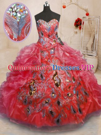 Sophisticated Red Organza Zipper Quinceanera Dresses Sleeveless Floor Length Beading and Appliques and Ruffles