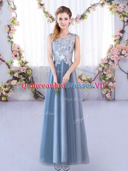 Adorable A-line Dama Dress for Quinceanera Blue Scoop Tulle Sleeveless Floor Length Lace Up - Click Image to Close