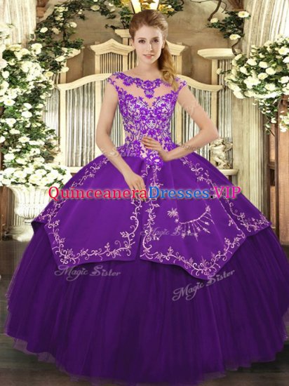 High End Purple Quinceanera Gowns Sweet 16 and Quinceanera with Beading and Embroidery Scoop Cap Sleeves Lace Up - Click Image to Close