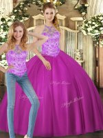 Tulle Halter Top Sleeveless Lace Up Beading Sweet 16 Dress in Fuchsia