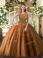 Rust Red Ball Gowns Scoop Sleeveless Tulle Floor Length Zipper Beading and Appliques Vestidos de Quinceanera