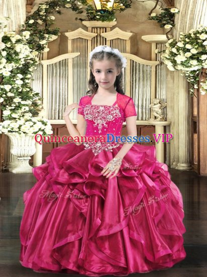 Straps Sleeveless Pageant Dress Toddler Floor Length Beading Hot Pink Organza - Click Image to Close