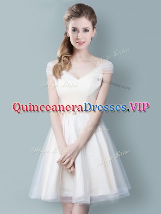 Champagne V-neck Neckline Ruching and Bowknot Dama Dress for Quinceanera Cap Sleeves Zipper