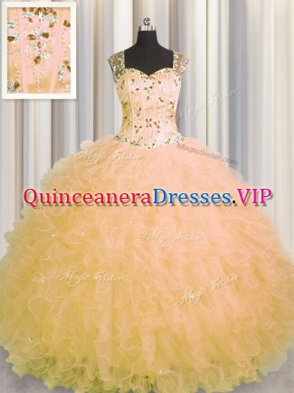 Edgy See Through Zipper Up Gold Quinceanera Dress Military Ball and Sweet 16 and Quinceanera with Beading and Ruffles Straps Sleeveless Zipper