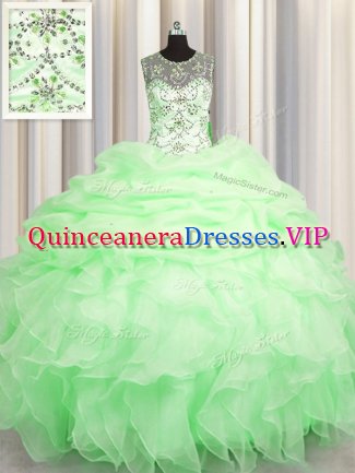 Best Selling Scoop See Through Sleeveless Beading and Ruffles and Pick Ups Floor Length 15 Quinceanera Dress