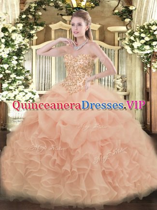 Stylish Peach Sleeveless Appliques and Ruffles and Pick Ups Floor Length Sweet 16 Dress