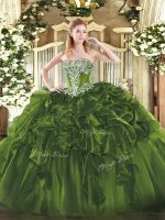 Custom Made Olive Green Sleeveless Organza Lace Up Quinceanera Dress for Military Ball and Sweet 16 and Quinceanera