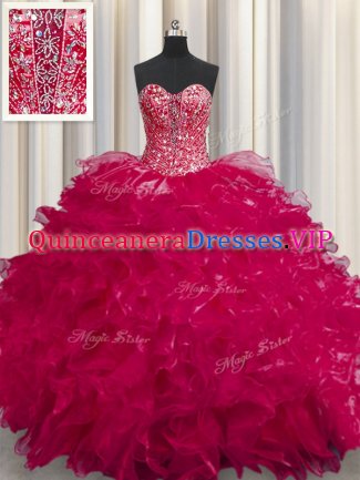 See Through Coral Red Ball Gowns Organza Sweetheart Sleeveless Beading and Ruffles Floor Length Lace Up Quinceanera Gown