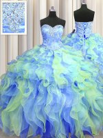 New Style Multi-color Ball Gowns Sweetheart Sleeveless Organza Floor Length Lace Up Beading and Appliques and Ruffles Military Ball Dresses