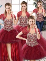 Burgundy Tulle Lace Up Off The Shoulder Sleeveless Floor Length Sweet 16 Quinceanera Dress Beading and Ruffles