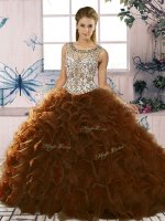 Stylish Floor Length Brown 15th Birthday Dress Organza Sleeveless Beading and Ruffles(SKU SJQDDT2095002-1BIZ)
