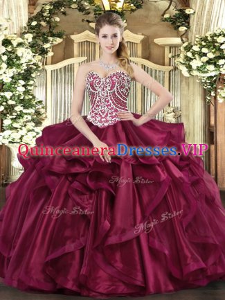 Shining Wine Red Ball Gowns Beading and Ruffles Quince Ball Gowns Lace Up Organza Sleeveless Floor Length