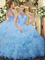 Ball Gowns Ball Gown Prom Dress Aqua Blue Halter Top Organza Sleeveless Floor Length Lace Up