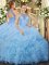 Ball Gowns Ball Gown Prom Dress Aqua Blue Halter Top Organza Sleeveless Floor Length Lace Up