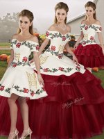 Sweet Off The Shoulder Sleeveless Brush Train Lace Up Quinceanera Gowns Wine Red Tulle