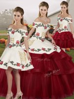 Sweet Off The Shoulder Sleeveless Brush Train Lace Up Quinceanera Gowns Wine Red Tulle(SKU SJQDDT2139008BBIZ)